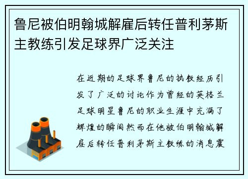 鲁尼被伯明翰城解雇后转任普利茅斯主教练引发足球界广泛关注